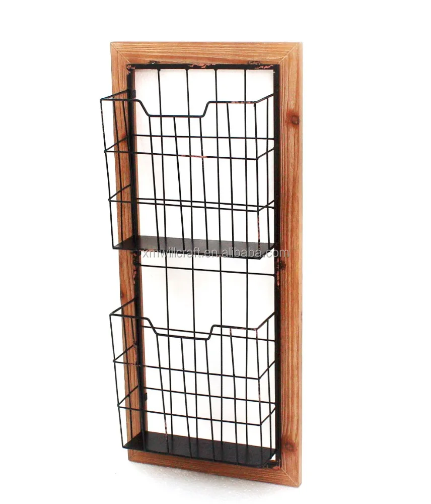 office/home 2 tiers wall mounted wooden Wall Hanging Magazine Rack