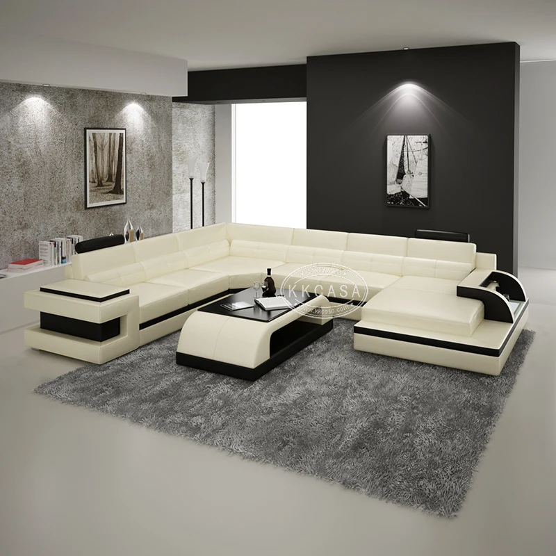 Italian Modern Fashion Model Luxury New Style Led U Shape Genuine Leather Sofa Set