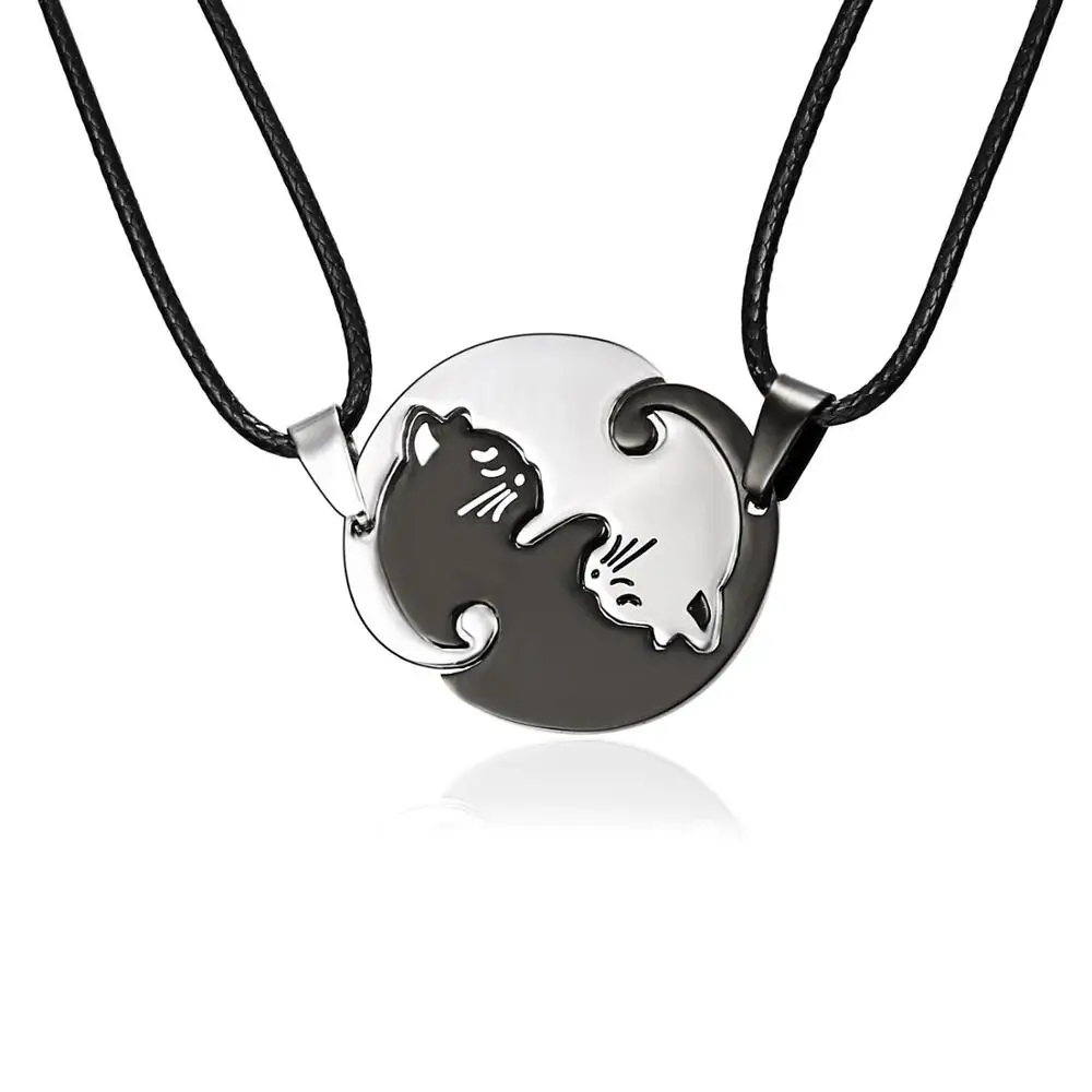 New arrival cat shape fashion design silver and black stainless steel couple cat necklace for men women jewelry wholesale