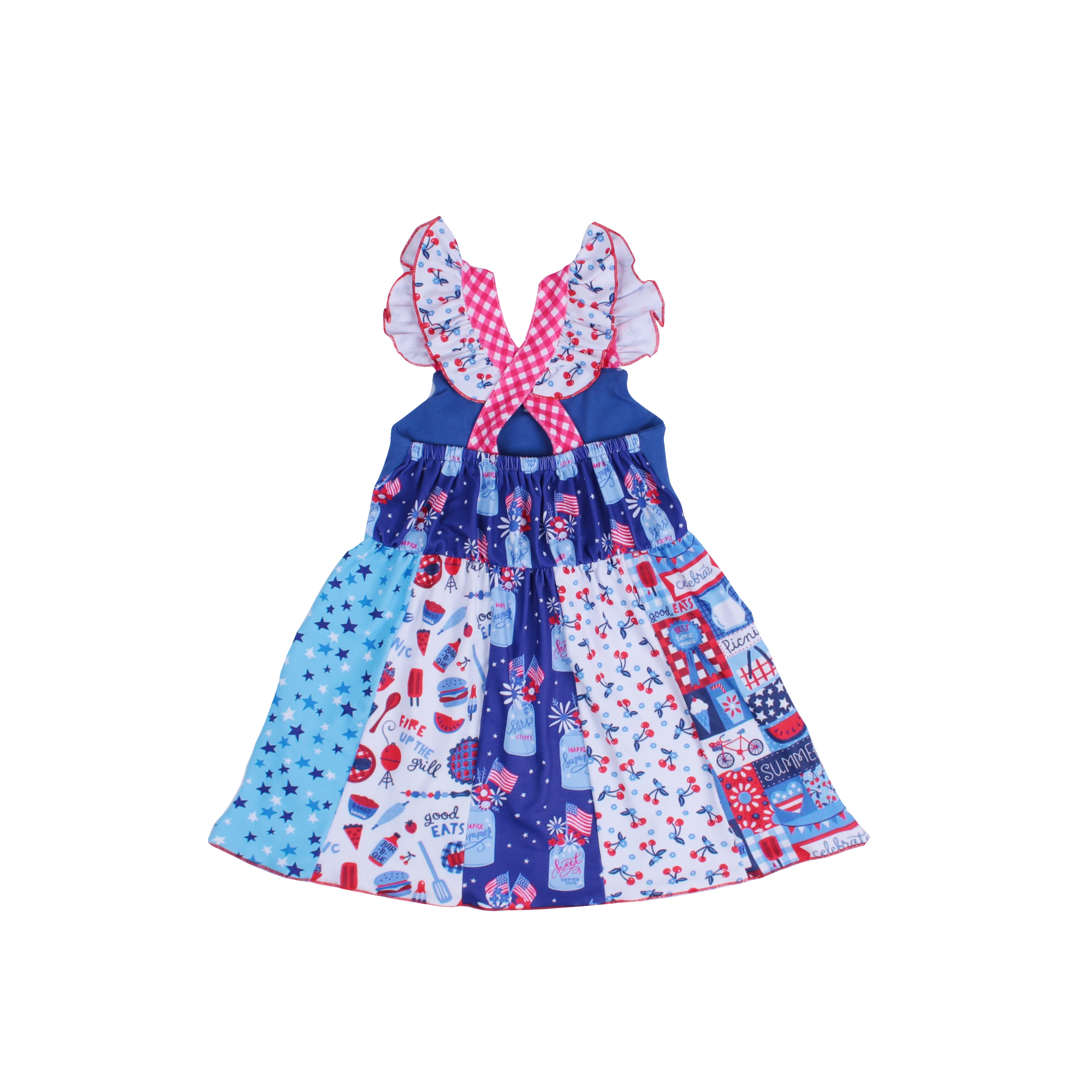 
Wholesale 4th of July american flag dress Summer cherry print milk silk girl boutique clothing baby bubble ruffle dress 