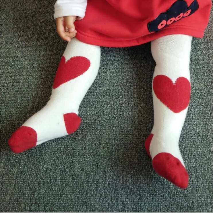 baby tights with red heart  cute kids tights pantyhose leggings child white stockings knitting children socks and tights