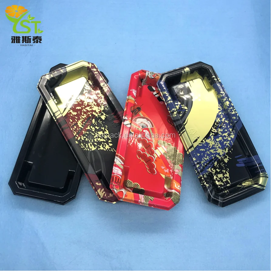 disposable takeaway black sushi tray with lid boat vacuum plastic sushi packaging