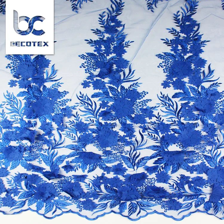 Elegant 3d flower beaded bridal lace royal blue 3d lace fabric