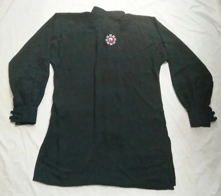 Unisex black ramie cotton with Taiji logo embroidered on back with 2 pockets on front traditional Chinese Taichi costume