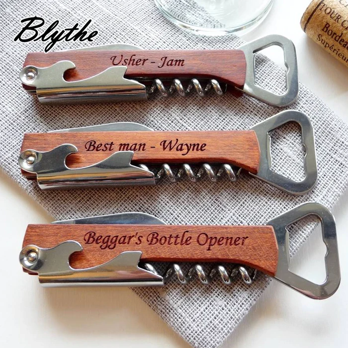 New design wood handle custom logo print metal wooden flask opener bottle opener
