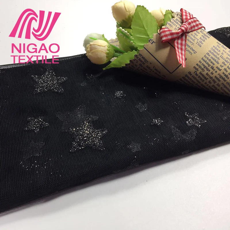 Оптовая продажа черная позолоченная Полиэстеровая сетчатая ткань блестящая из органзы для детского платья
