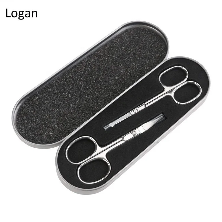 Stainless steel Curved and Round Facial Hair Scissors Set in Tin  Box