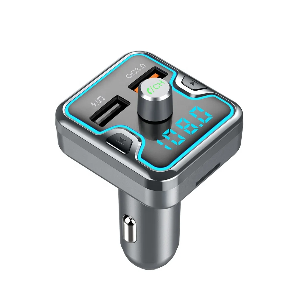 T45Q Bluetooth Car Kit read U disk/TF QC3.0 Charger Handsfree Stereo FM Transmitter MP3 Player Multi color light effect Gray