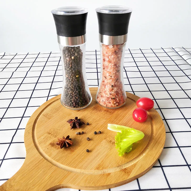 Pepper Mill with Adjustable Coarseness, Ceramic Pepper Grinder Refillable, Glass Spice & Sea Salt Shaker with Stand