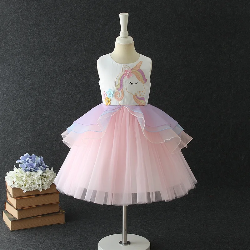 Unique boutique unicorn baby girl one piece dress colorful fluffy tulle horse frock patterns