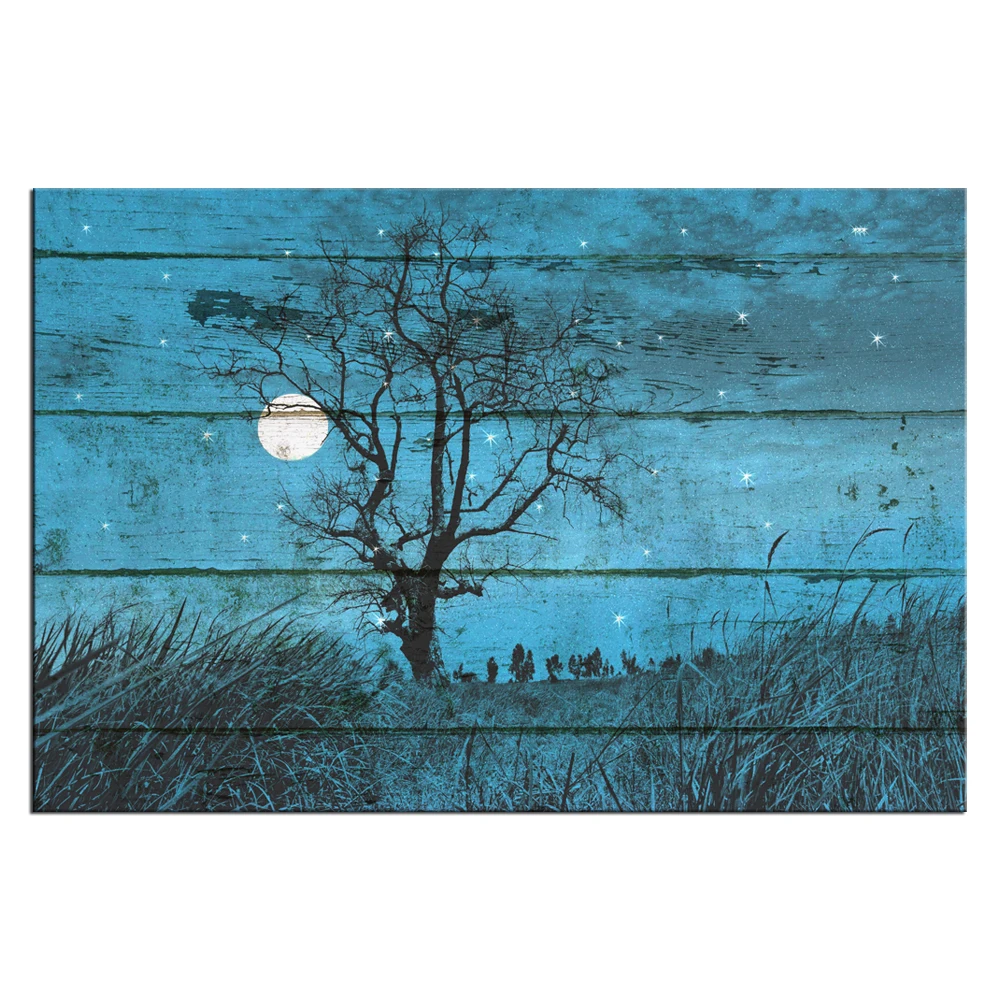 Starry Night Sky Landscape Wall Art Canvas Paintings Beautiful Moon Tree Picture Prints for Home Decor