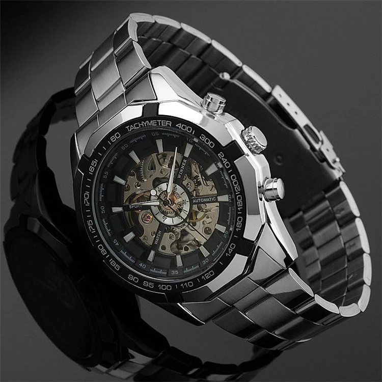
WINNER 246 sale Fashion Winner Stainless Steel Skeleton Mechanical Watch For Man automatic self winder Wrist Watch 