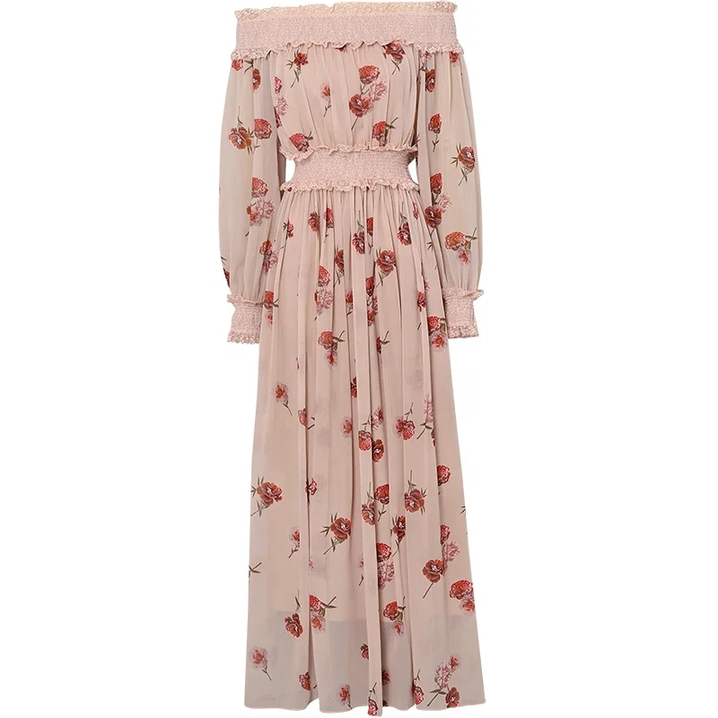 OEM Top Quality Womens Boat Neck Elastic Shoulder Chiffon Printing Long Dress