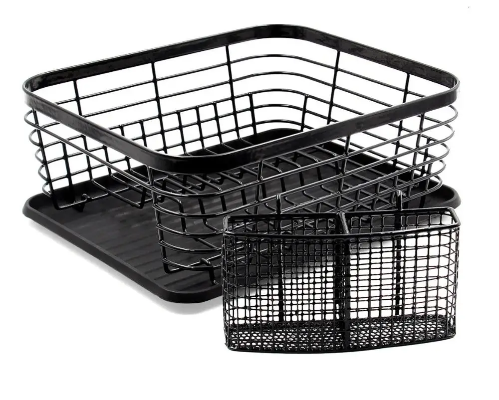 Kitchen Dish Drainer Drying Rack with Drip Tray and Full Mesh Silverware Storage Basket Black