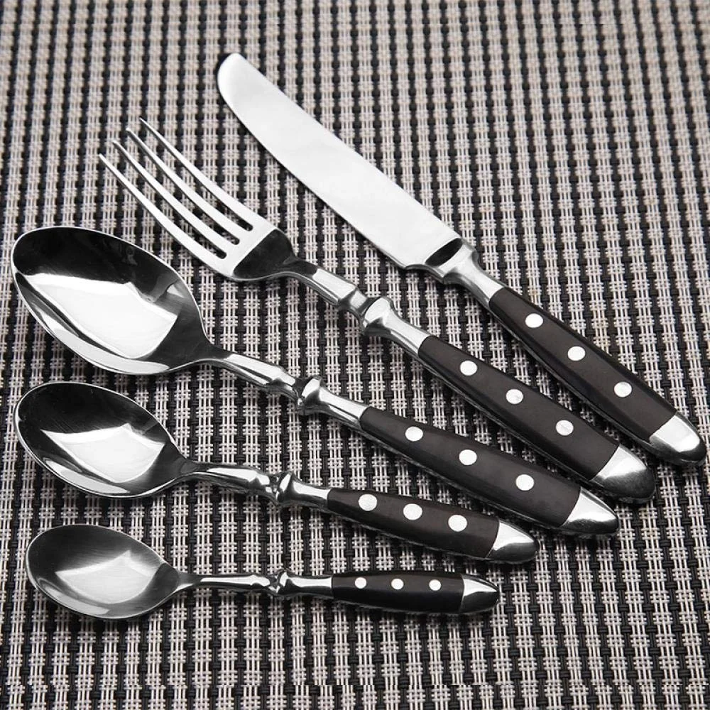 German besteck flatware black POM handle with 2 rivet cutlery set, stainless steel fork and spoon steak knife set 16pc