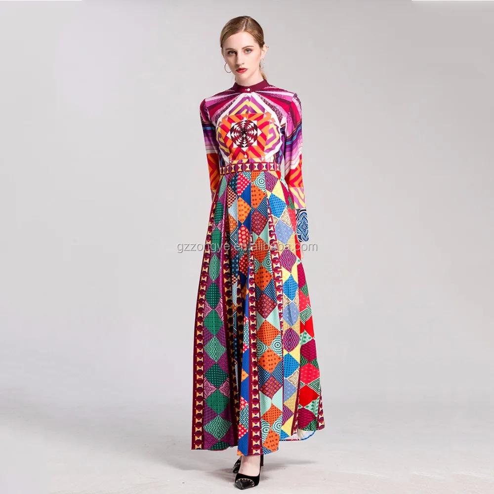 2017 women clothing manufacturer printed wholesale long sleeve maxi dress