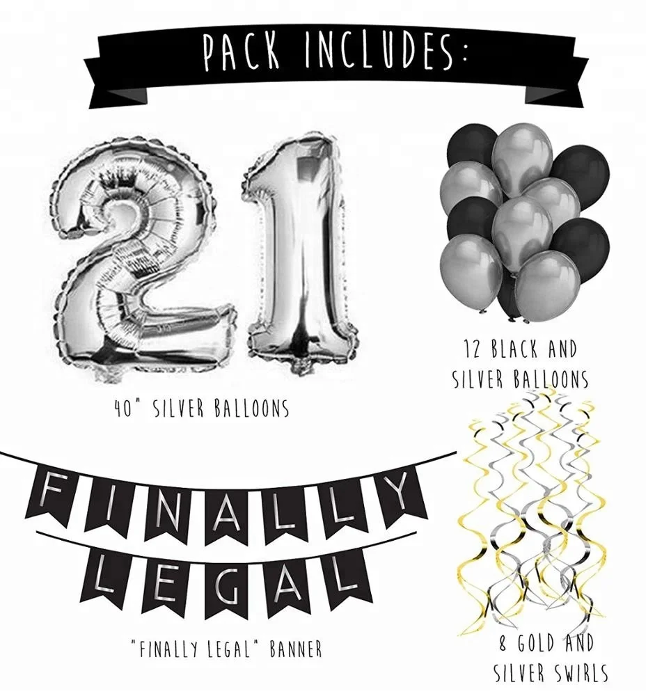 21st Birthday Party Pack Black Silver Happy Birthday Bunting Poms Swirls Pack Birthday Decorations