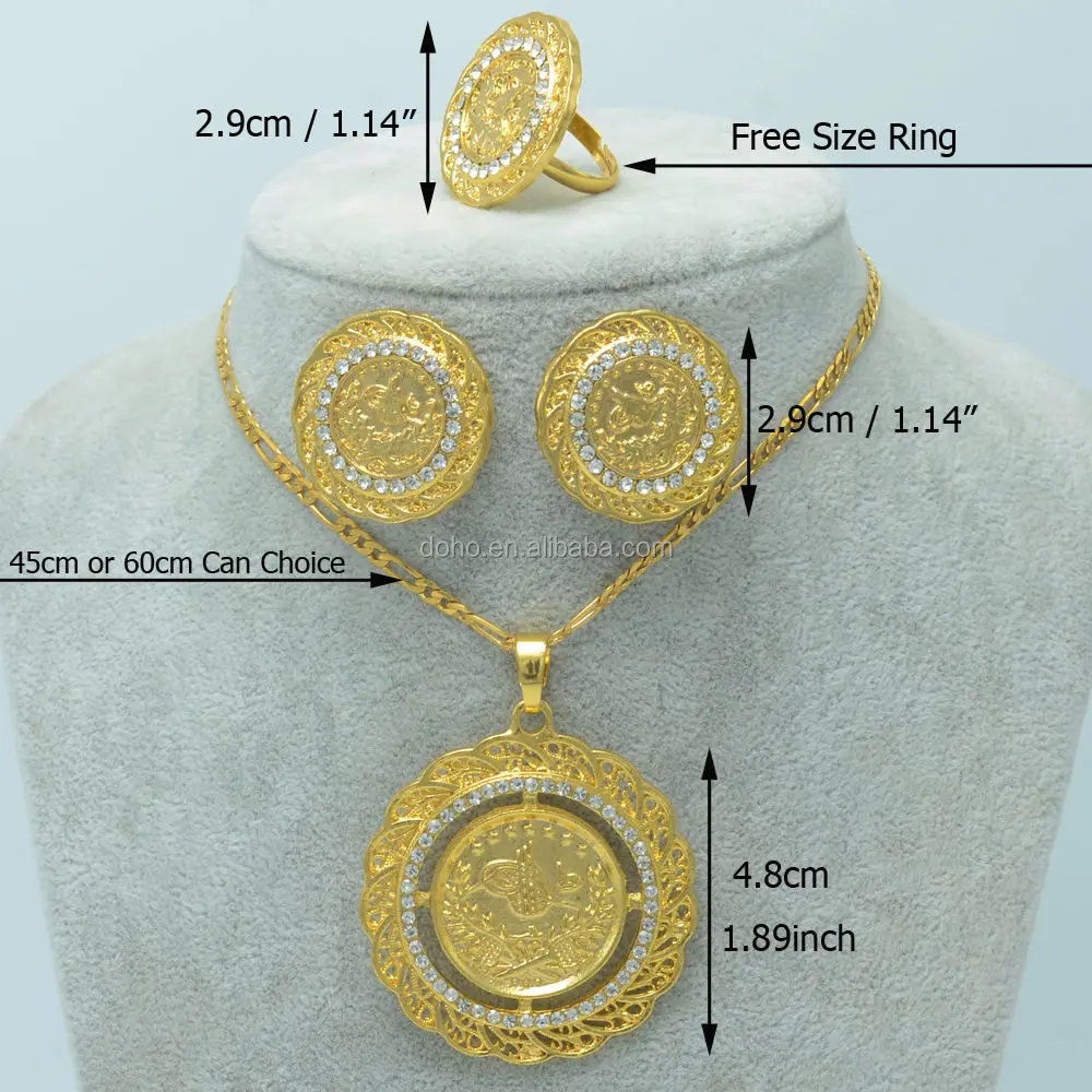 Coin Jewelry sets Gold Plated Coins Pendant Chain Earrings Ring Turkey Jewelry