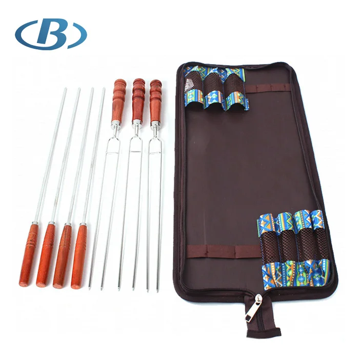7 pieces OEM Stainless steel BBQ Skewer Set with easy Carrying bags