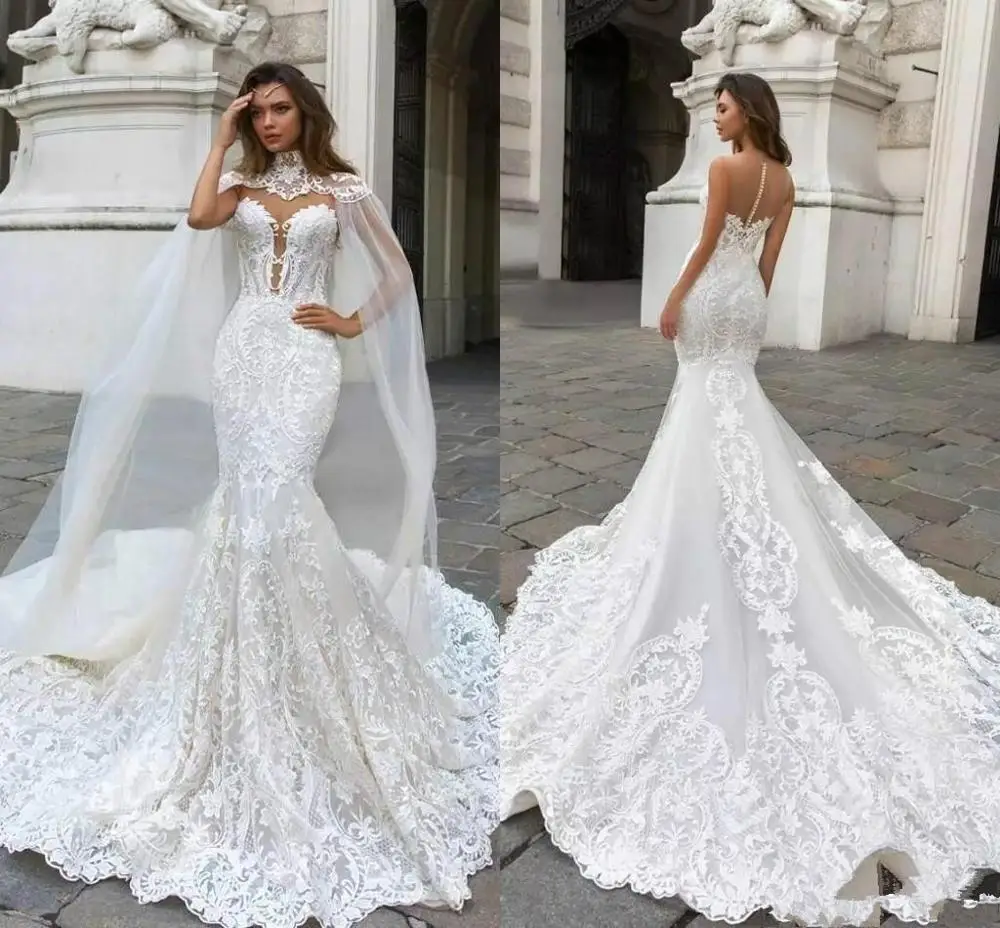 Dubai Arabic Brand  Mermaid Wedding dress Beading Sleeveless Long Court Train Lace Applique Wedding Dress Bridal Gowns