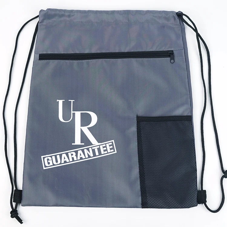 
Custom Printed Polyester Gym String Backpack Zipper Pocket Drawstring Bag With Screen Cloth 