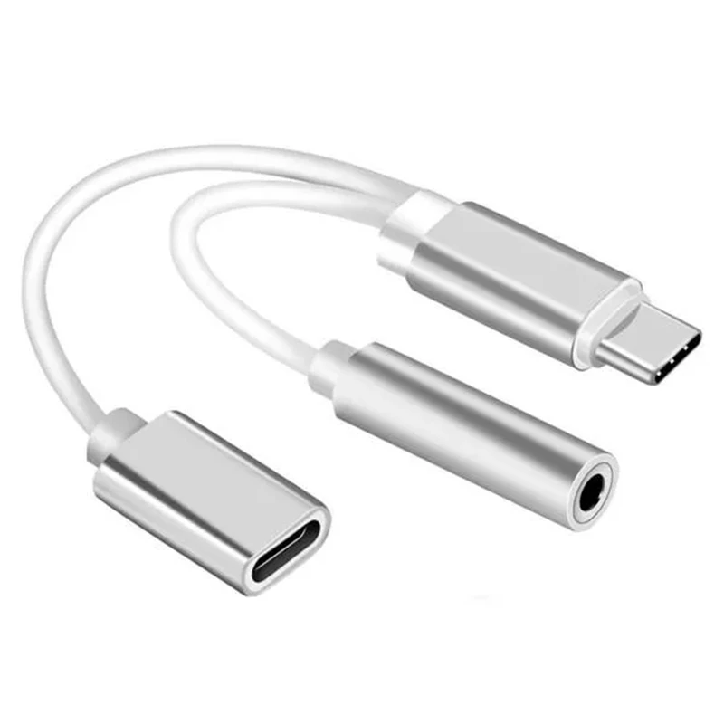 2 in 1 USB 3.1 Type-C Charger 3.5 mm Audio Headphone Jack Adapter Cable - Silver
