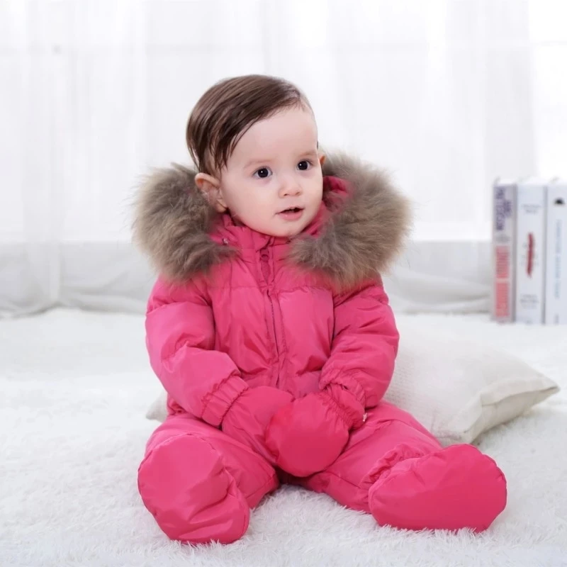 
Winter Children Warm Baby Coveralls Down Coat Duck Down Padded Coat Wholesale Baby Hooded Down Coat With Big Raccoon Fur Collar 