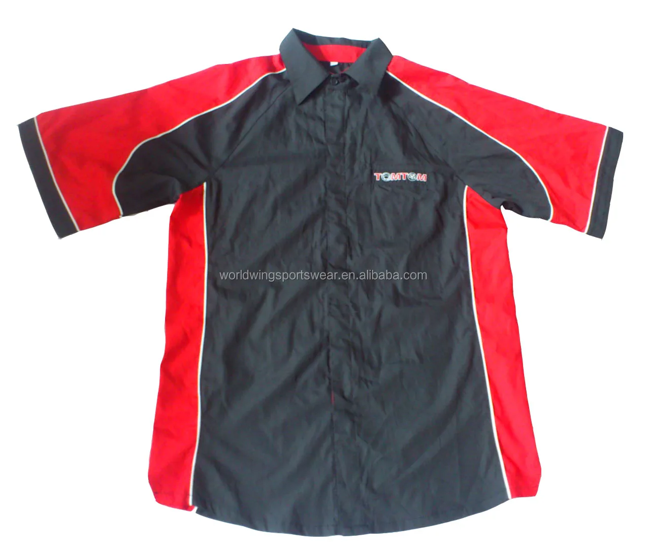 
Mens custom 65% polyester 35% cotton black and red panels embroidered mechanic work shirt 