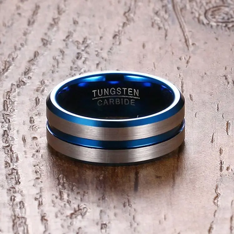 USA Hot Sale New Design Double Offset Line Blue Plated Tungsten Wedding Ring