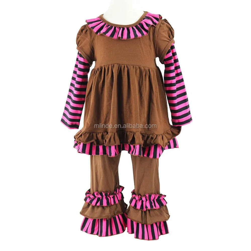 Girls Striped Knit Cotton Clothing Sets Top Dress And Ruffle Pants Kids Clothes