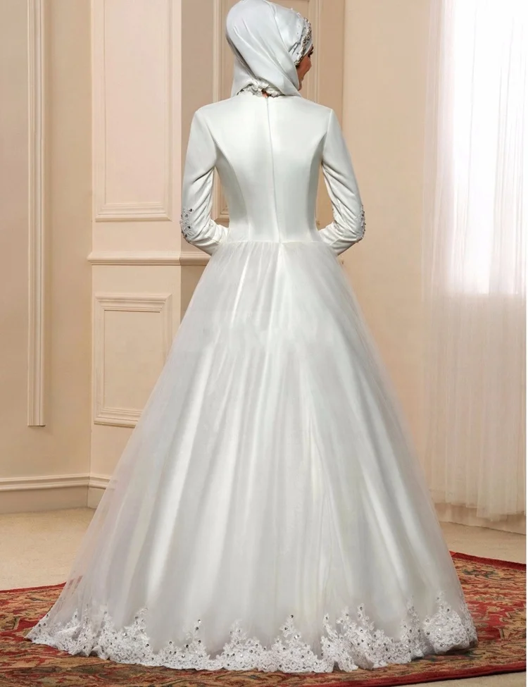 6001# New Wholesale Vintage Floor Length Bridal Gown Modest Long Sleeve A-Line Satin Lace Beading Muslim Arab Wedding Dress
