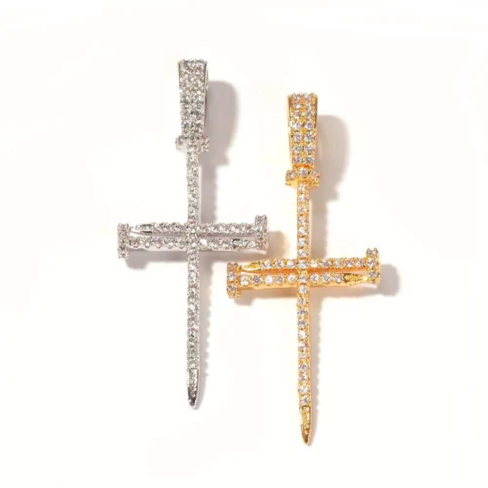 HipHop Iced Out Bling Bling Zircon Cross Nail Pendant 18K Gold Plated Pendant