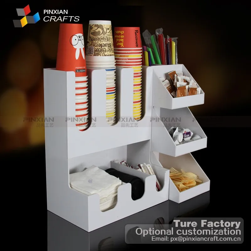 Acrylic mug cup display milk sugar packets ball knife fork straw spoon combo coffee cup display rack