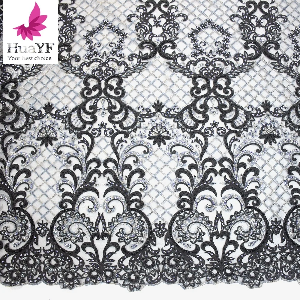 New product 2019 black sequins tulle beaded lace fabric african dresses embroidery designs for women  HY1000-4