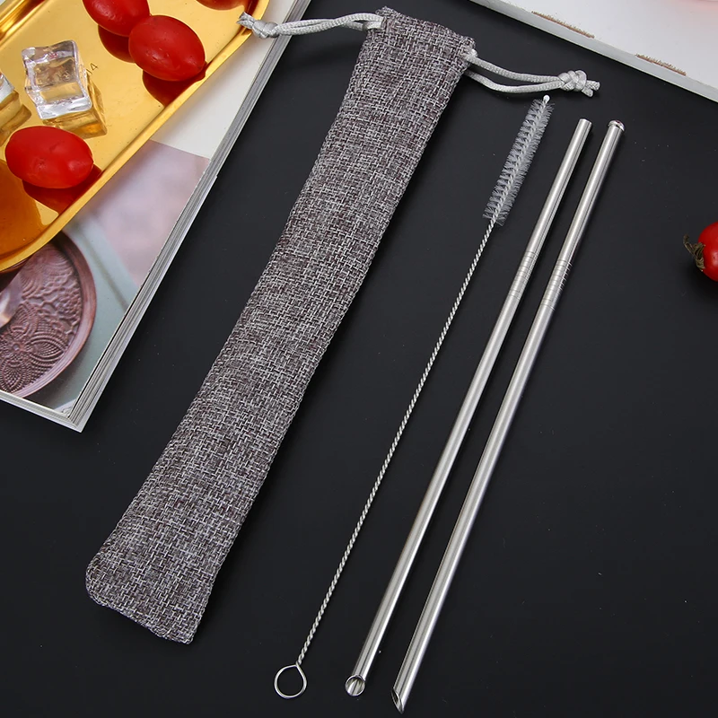 Bar Accessories Stainless Steel Straw Bevel Drinking Straw with Linen Pouch and Cleaning Brush