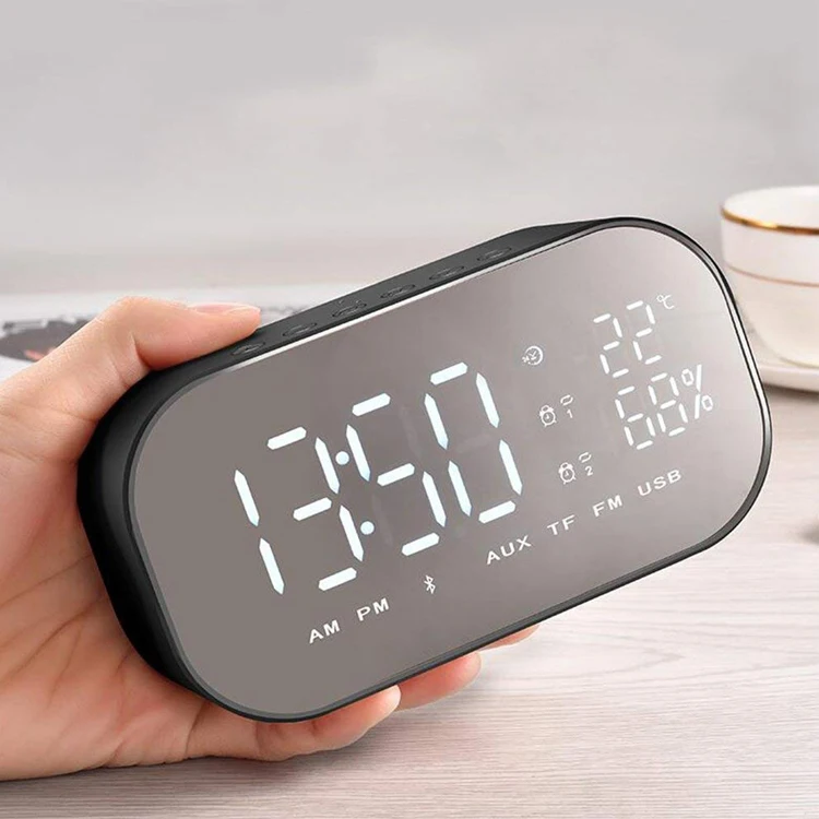 Mirror LED alarm clock with bluetooths wireless speaker FM radio with time,temperature display table clock