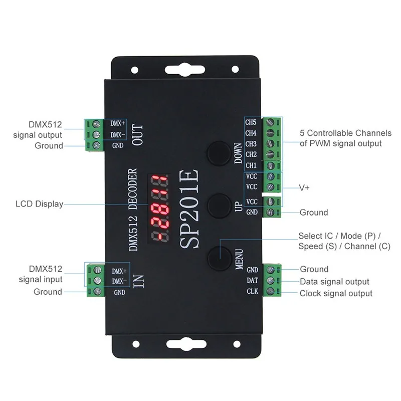 Контроллер DMX-SPI 512 декодер для WS2812B WS2811 SK6812 WS2801 WS2813 LP6803 8806 1903 RGBWW светодиодная Пиксельная лента 5 В ~ 24 постоянного тока