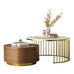Marble top Solid wood coffee tables metal gold  Round Shape Living Room Furniture Tea Table  with storage Factory Wholesale