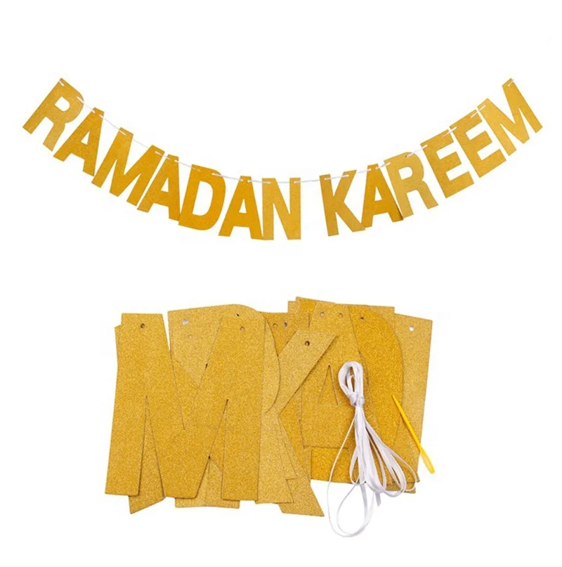 EID Party Decoration Islamic Muslim Festival Decor Glitter Paper Garland Bunting Ramadan Mubarak Sign Gold Silver EID Banner