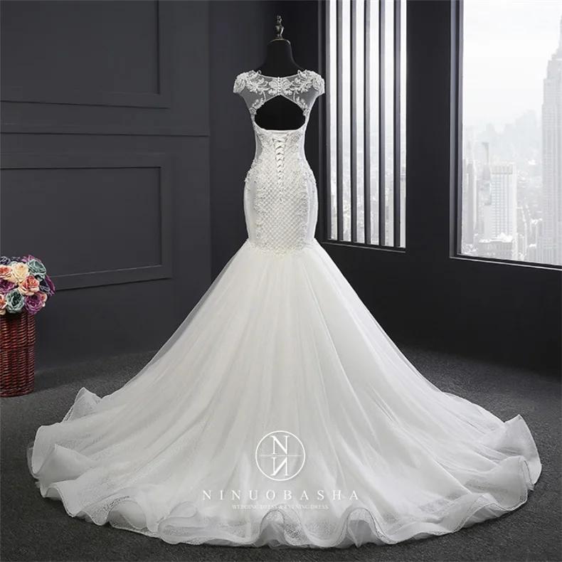Spring New Luxury Lace  Backless Skinny Temperament Mermaid Wedding Dress Flower Bridal Gown
