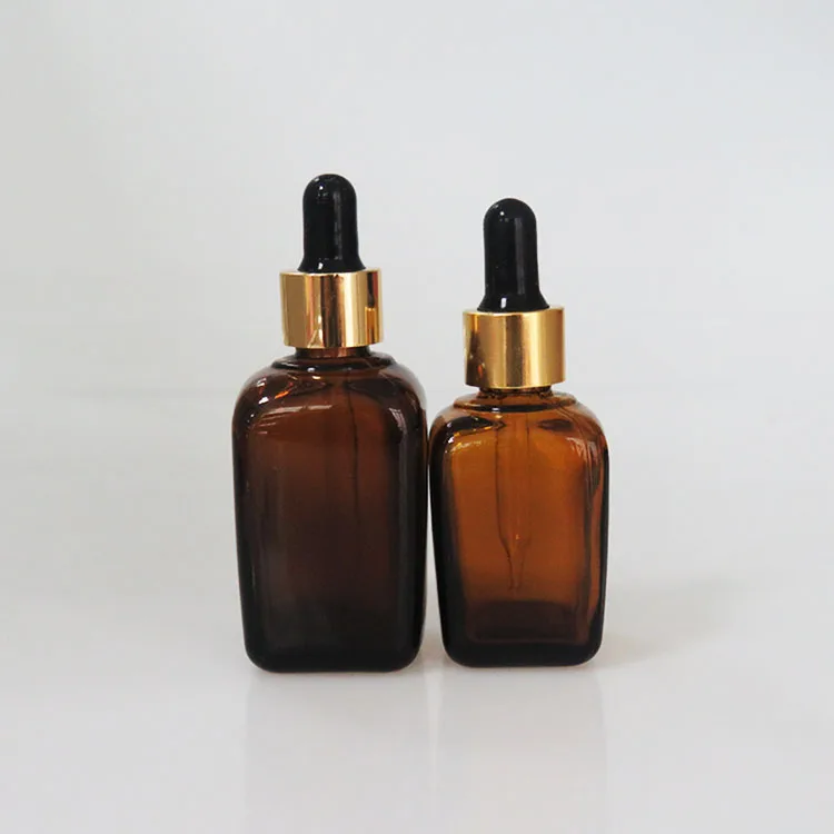 
30ml 50ml Square Empty Essential Oil Amber Glass Dropper Bottle With Gold Screw Cap 