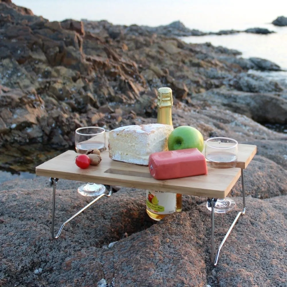 Bamboo Portable and Folding Wine and Snack Table for Picnic Outdoor on the Beach Park or Indoor Bed