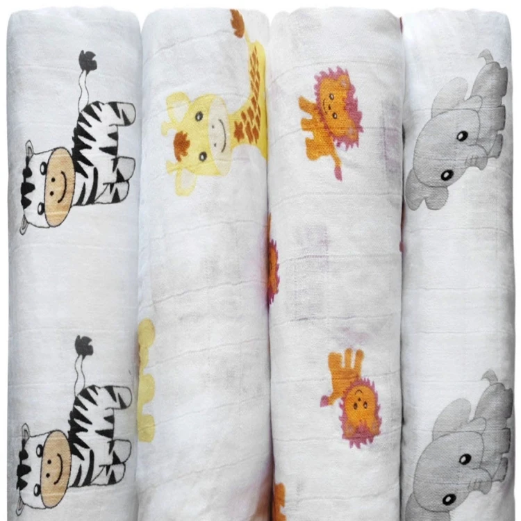 2021Trending amazon best sale fancy printed animal patterned bee fox whale cotton muslin fabric baby swaddle with blanket