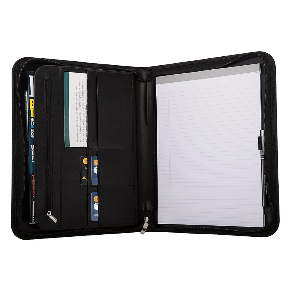 Portfolio Case PU Leather Resume & Document Organizer With Tablet Sleeve Zipper Premium Paper Pad Black