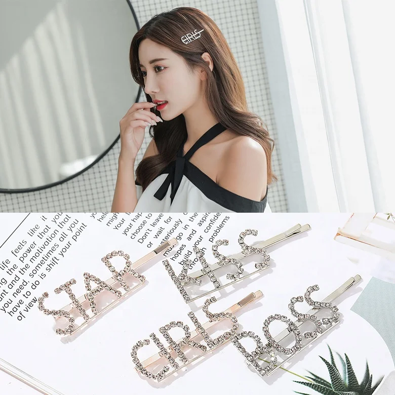 Girls love boys sexy boss kiss ABC letter crystal hair clip rhinestone stone hair buckle