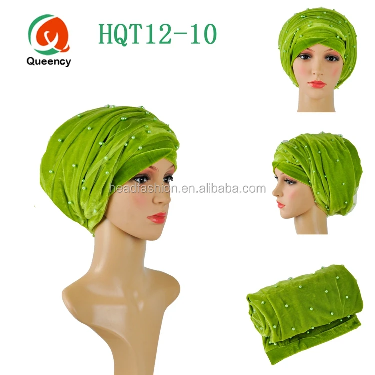 HQT12 Queency Latest Fashion Handmade Islamic Muslim Women Turban Gele Velvet Headscarf with Net and Beads