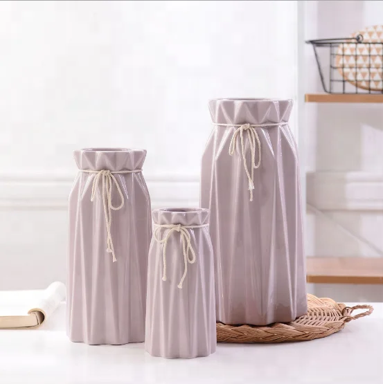 Origami ceramic vase floral four-color pink gray blue green white with twine