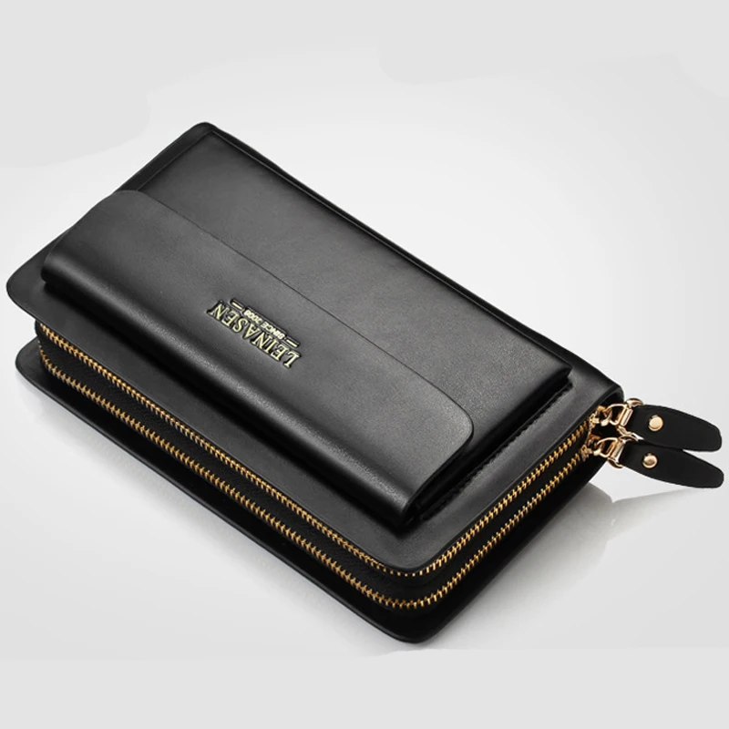 LEINASEN Brand Men Wallet coin pocket zipper Double Zipper Male Wallet long Large Men Purse coin clutch bag black Business