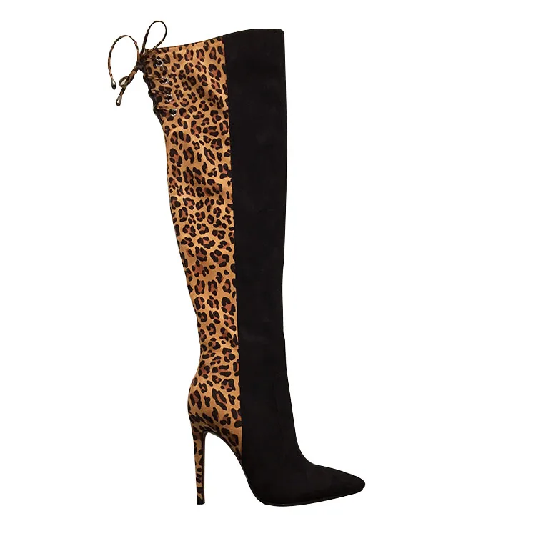 Leopard Print Knee High Boots Sexy 2021 Stiletto High Heel Long Lace Up Pointed Toe Thigh High Boots