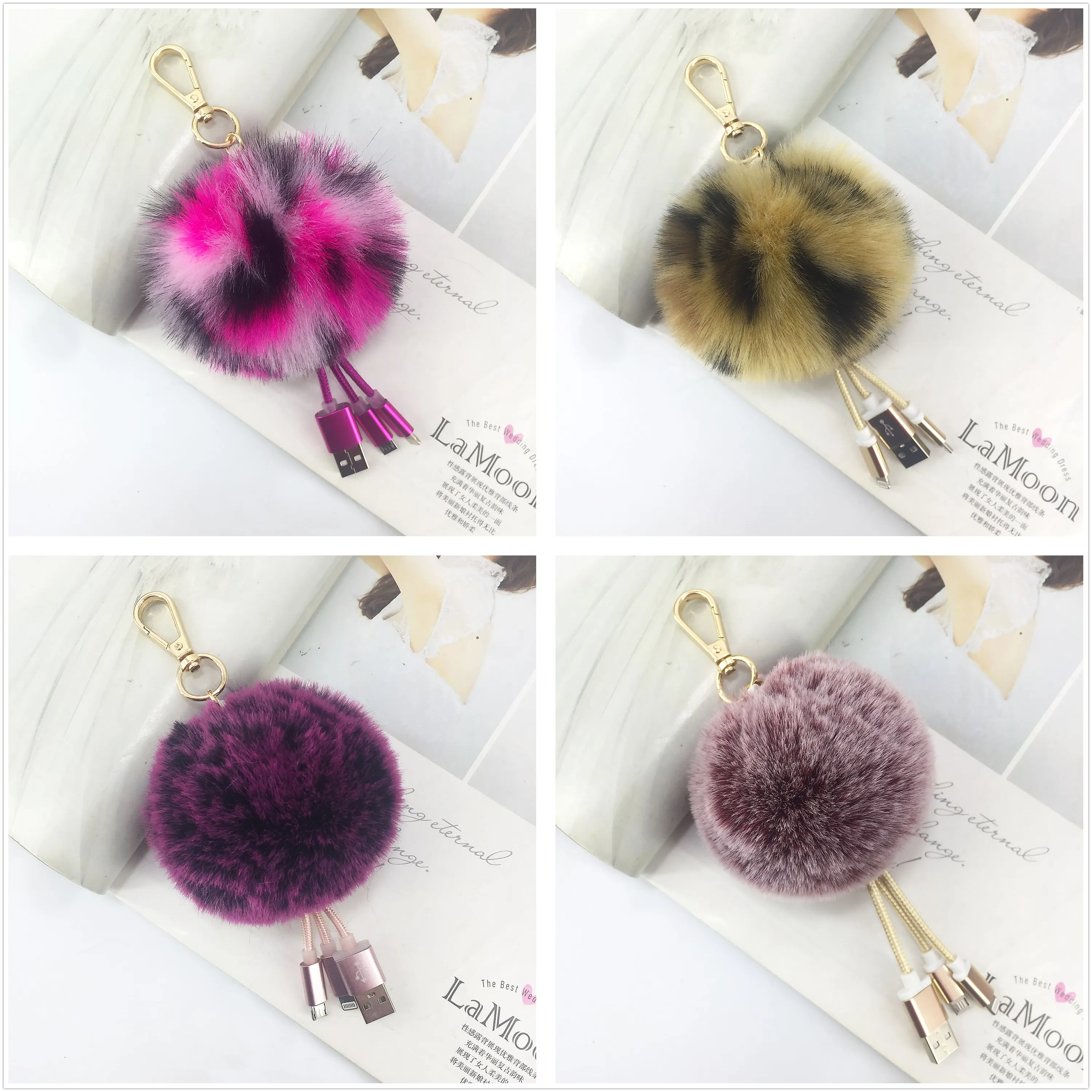 Wholesale Pompom Usb Keychain Fur Ball Custom Keychains for Hanging Bags with Custom Keyring Usb